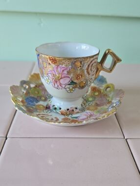 Decorative Floral Porcelain Teacup and Saucer with Gold Trim #2